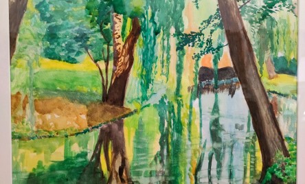 Obraz Magdaleny Futoma wykonany akwarelą na papierze Canson. Tytuł: &#34;Strumień z wierzbami&#34;Wymiary: 73cmx53cm